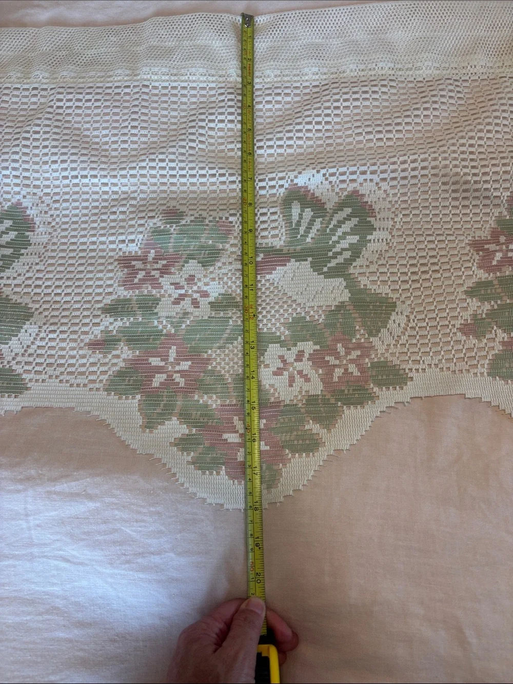 Vintage white SET of 3 pink green Heritage Lace Valance Floral Hummingbird Bird